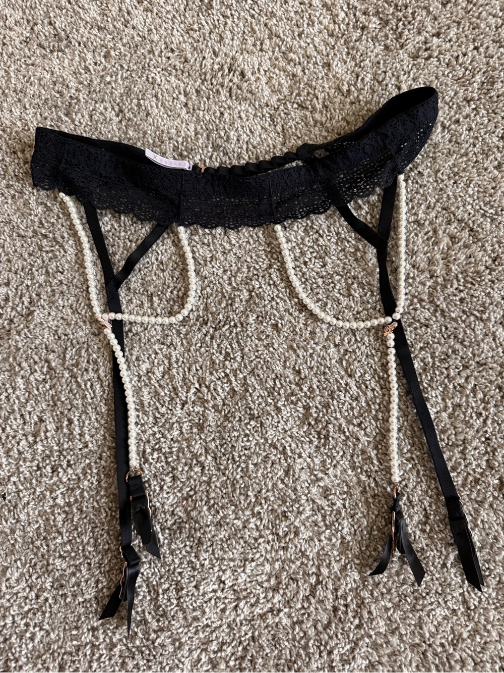Savage X Fenty Black Lace Garter Belt with Pearl Strands